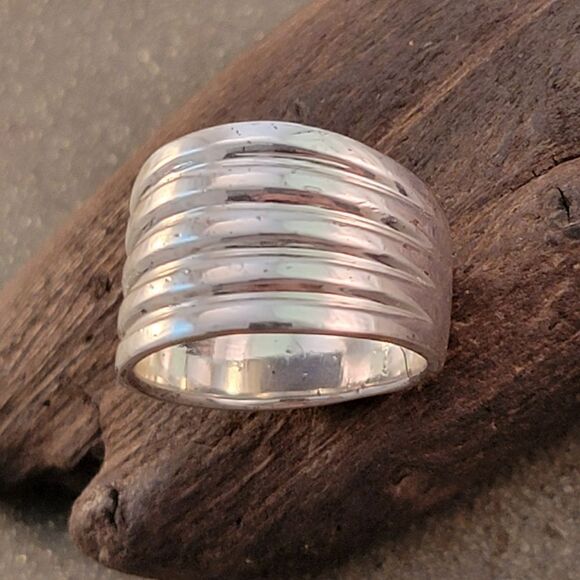Sterling Extra Wide Contemporary Five Groove Ring Band - Picture 2 of 10